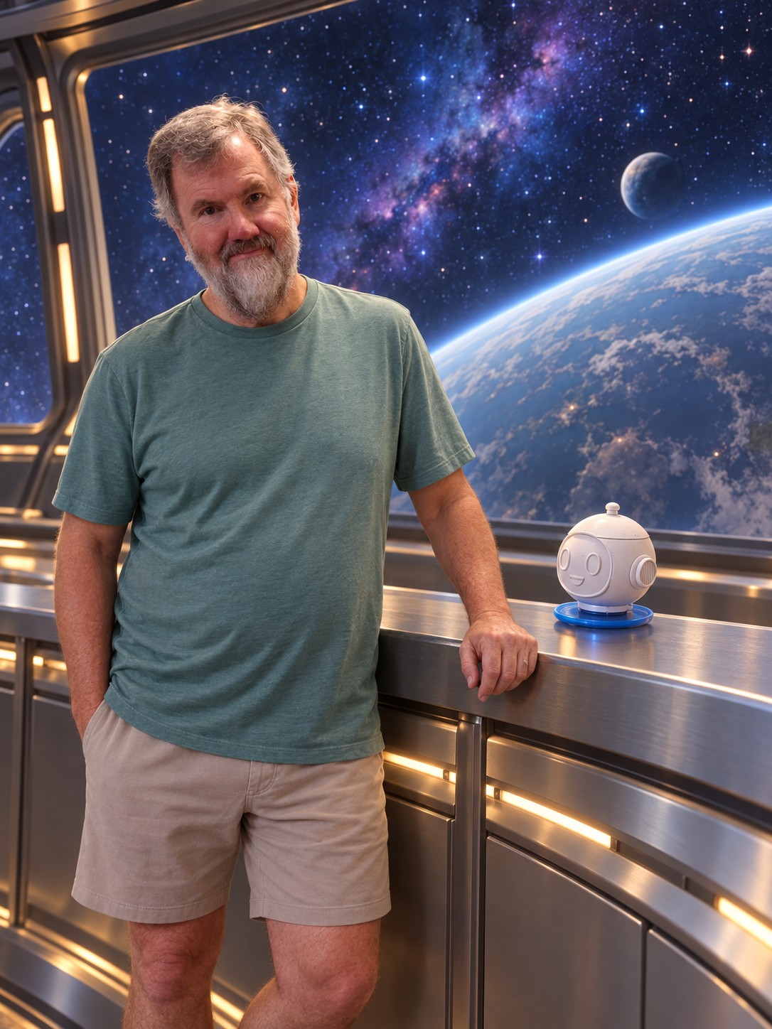 Jeffrey Jay with Ambassador Pip beside a starship deck railing